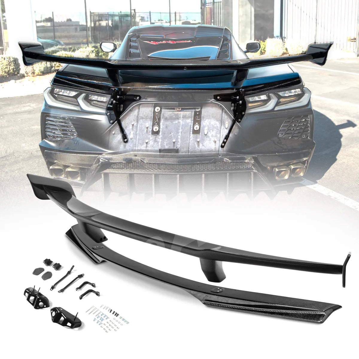 2020-2026 C8 Corvette Stingray ZR1 ZTK Alerón trasero de fibra de carbono brillante de 1 pieza