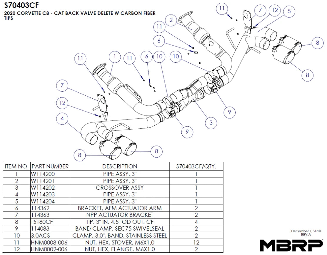 Sistema de escape Cat-Back MBRP Armor Pro Race para Chevrolet Corvette C8 Stingray 2020-2025 - Acero inoxidable T304 con puntas de fibra de carbono