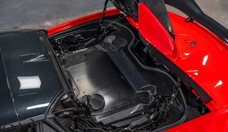Corvette C8 Convertible Clear Engine Cover with Red Carbon Fiber Surround