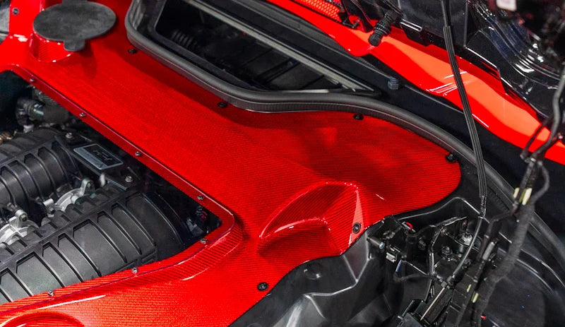 Corvette C8 Convertible Clear Engine Cover with Red Carbon Fiber Surround