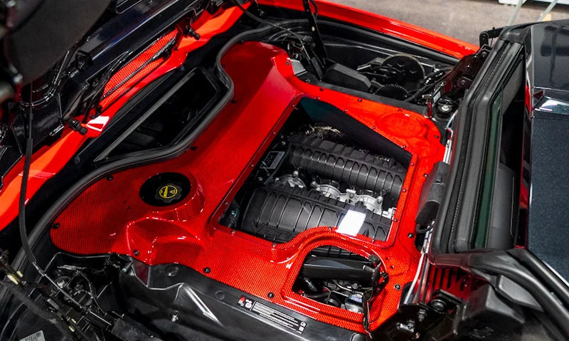 Corvette C8 Convertible Clear Engine Cover with Red Carbon Fiber Surround